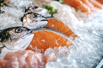 Fresh fish and salmon fillets on ice at market, inviting customers with vibrant colors and textures. Cold ice preserves freshness for quality meals. Perfect for healthy, protein-packed dishes