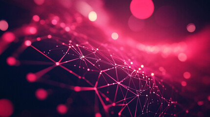 A vibrant abstract digital network of glowing red and pink interconnected nodes and lines, set against a dark background with a bokeh effect