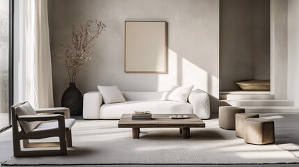 Modern minimalist living room with soft-toned furniture, a simple wall-mounted painting, and minimal decor. Clean lines and natural sunlight filling the space