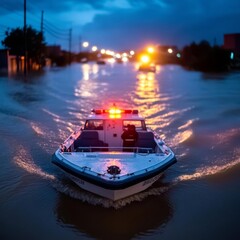 Naklejka premium A rescue boat navigating through flooded streets at night, emergency lights flashing in the distance, Flood rescue at night, urban disaster recovery