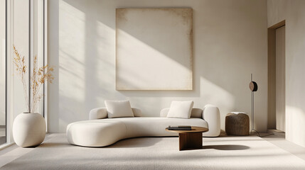 Modern minimalist living room with soft-toned furniture, a simple wall-mounted painting, and minimal decor. Clean lines and natural sunlight filling the space