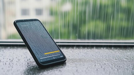 A smartphone displaying a real-time flood alert as rain pours heavily outside a window, Flood emergency mobile alert, tech preparedness