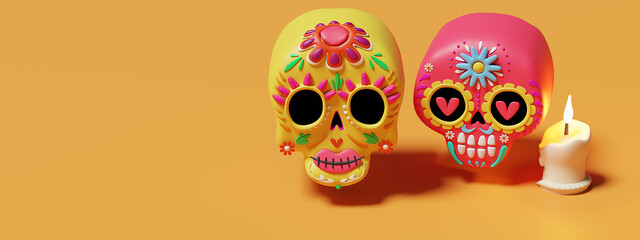 Mexican skull design, Mexico culture tourism landmark latin and party theme 3d illustration.