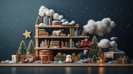 Nursery bookshelf with festive decorations and Christmas books, 3D illustration