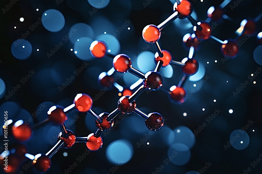 Poster red molecule structure is floating in a dark blue science background with blurry white lights. the m