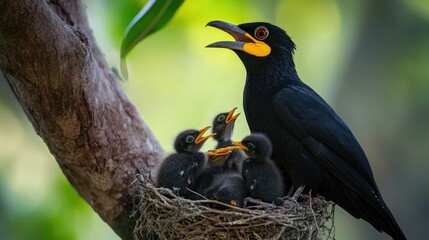 Fototapeta premium A myna feeding its chicks in a nest tucked away in a tree, showcasing the nurturing behavior of this bird species in a heartwarming moment of family life