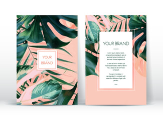 Contemporary cover design. Creative art background with realistic monstera, peach background. Luxury vector art for flyer, poster, notebook, brochure, invitation.