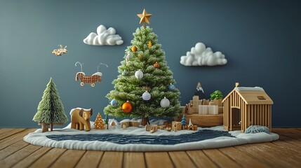 Nursery with a Christmas tree adorned with babysafe ornaments, 3D illustration