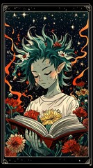 Obraz premium Enigmatic Tarot Card Featuring a Green-Haired Character