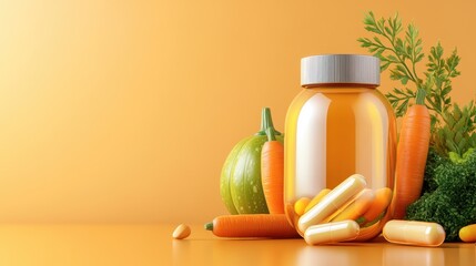 Vitamin A capsules with carrots and pumpkins in background, health concept