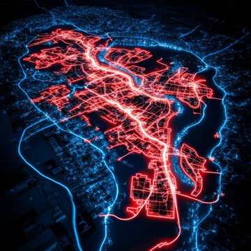 An emergency flood map showing red danger zones, overlaid on a satellite image of a city, Real-time flood warning map, global disaster tracking