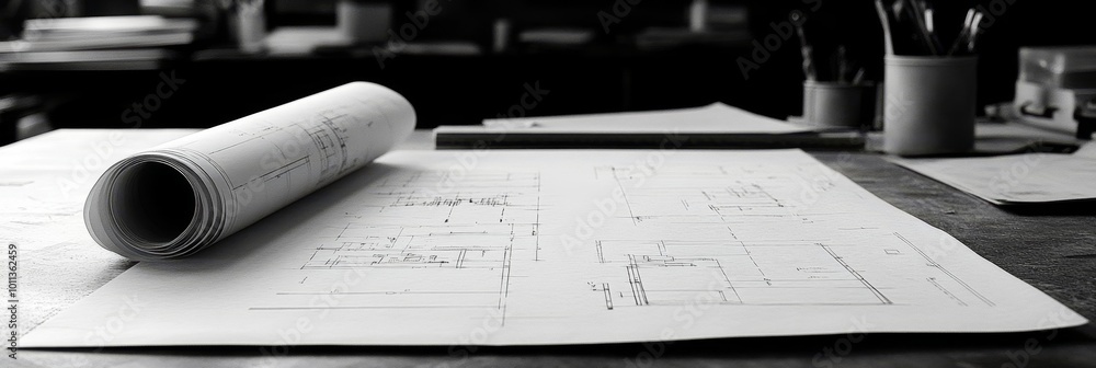 Poster black and white architectural drawing and blueprints rolled up on desk of an architect