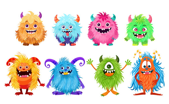 Set of 8 cute little monsters. Fictional creatures for children's print, posters, cards, Halloween designs. Cartoon vector illustrations. isolated magical fluffy animals on white background. Clip-arts