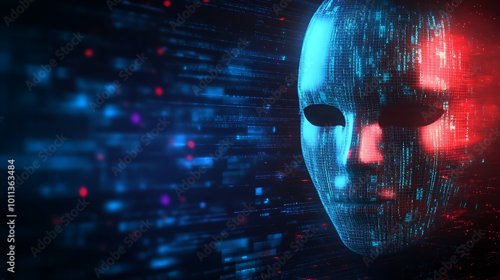 Poster A digital face mask composed of binary code, representing the concept of digital identity and privacy in the age of artificial intelligence.
