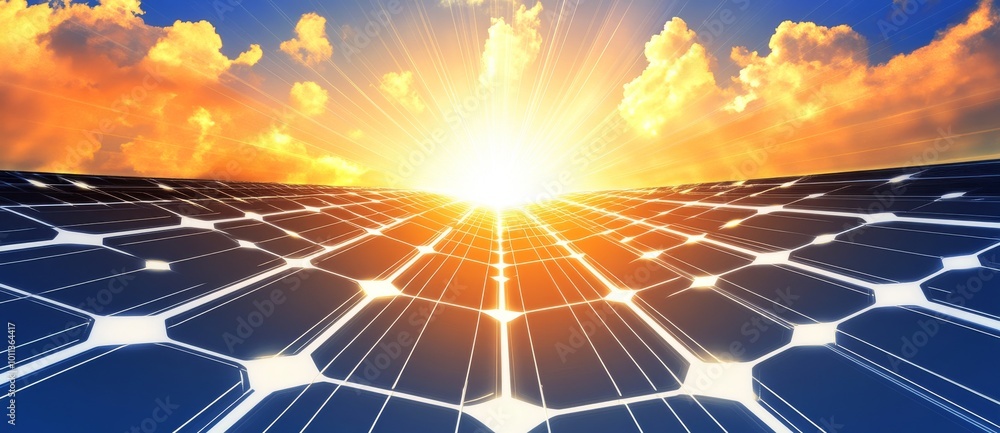 Poster display of solar panels with a concept illustrating solar energy with a copy space image in the back