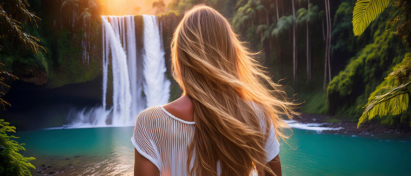 beautiful woman contemplating the nature in front of a waterfall 