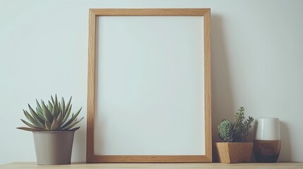 A blank wooden frame leaning on a tabletop with small succulents and minimalist beside it, against a plain white background, ready for creative use.