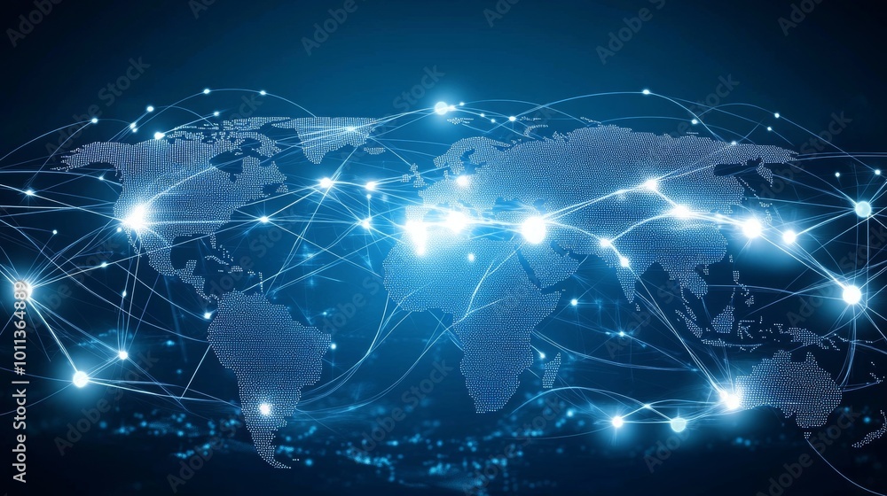 Poster the glowing connections on this world map illustrate the global network of digital technology. it's 