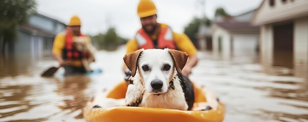 Emergency workers rescuing pets from flooded homes, carrying them in small boats, Flooded pet rescue, disaster compassion