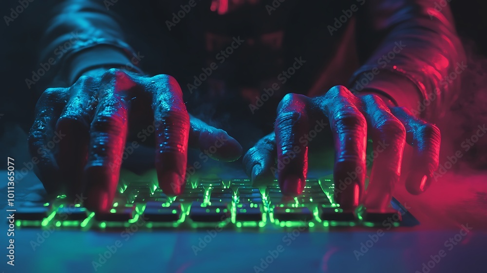 Poster closeup of hands typing on a keyboard in a dark room with blue and red lighting.