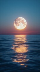 Bright Full Moon Reflecting on a Calm Ocean at Twilight