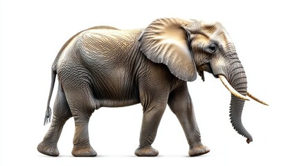 Obraz premium An Elephant Walks Gracefully Across a White Background, Showcasing Its Massive Stature and Texture