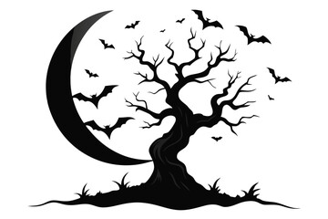 A swarm of bats flying out from an old twisted tree in a vector illustration
