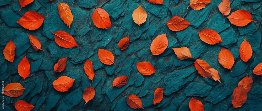 Poster a background of red leaves on a blue slate background. a top view of the leaves with a copy space.