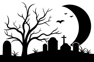 Vector Artwork of a Quiet Graveyard Featuring Eerie Crooked Tombstones Under Moonlight
