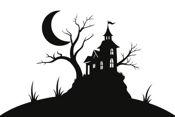 Haunted Hilltop House Surrounded by Spooky Bare Trees Vector Illustration
