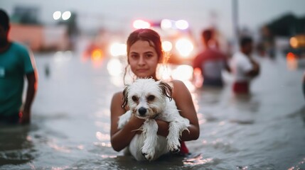 People carrying their pets through floodwaters as emergency lights flash in the background, Pet evacuation in flood, disaster compassion