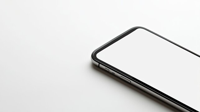 A close-up of a blank screen iPhone placed on a white background, ideal for mockups of mobile applications or branding projects.