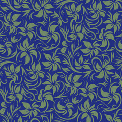 Elegant floral seamless pattern. Vector abstract blue and green ornamental texture with flower silhouettes, leaves. Simple botanical background. Retro fashion style. Repeated design for textile, print