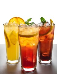 A refreshing trio of iced tea, yellow citrus, and red berry lemonade, each served ice-cold and isolated on transparent background, perfect for drink marketing