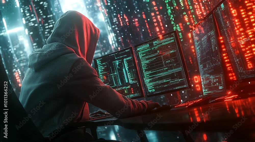 Poster A hooded figure sits in front of multiple computer monitors, their face obscured, surrounded by a digital landscape of flashing numbers and code.