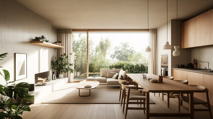 Fototapeta premium Open-concept living and dining room with neutral tones. A sleek wooden dining table, simple pendant lights, and a cozy sofa. Minimal decor and plants near the window