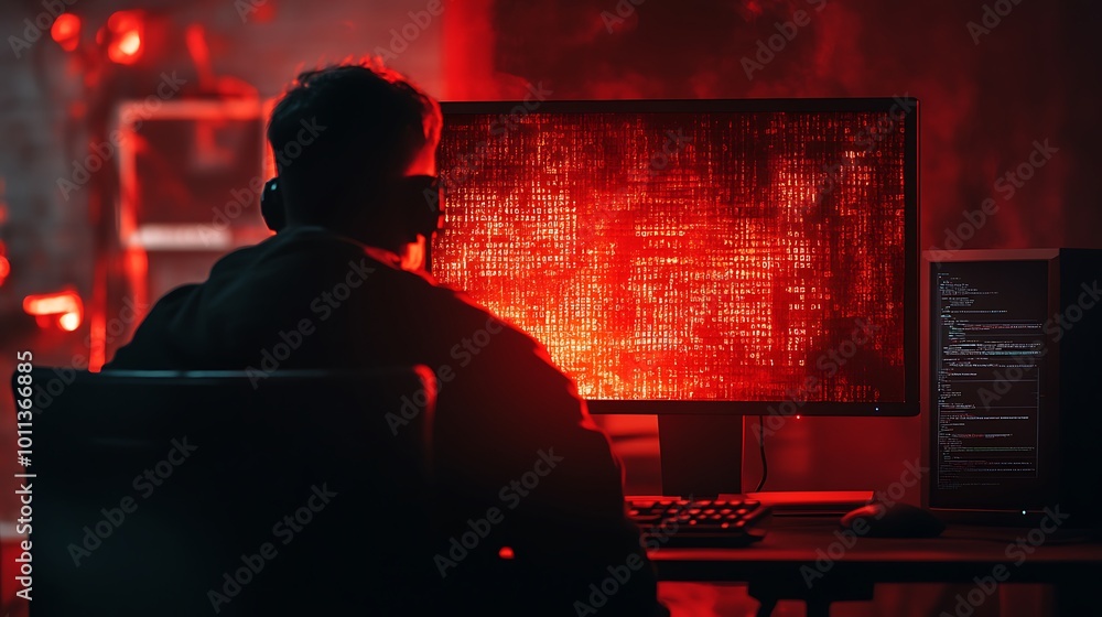 Poster A man sits in a dark room, facing a computer screen with red code. He is wearing headphones and is focused on the screen.