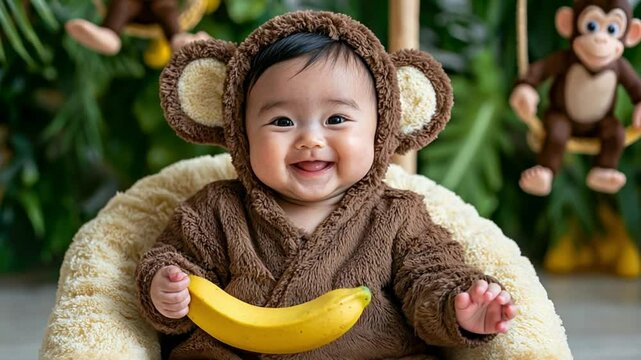 A smiling baby in a monkey costume holds a banana, surrounded by greenery.