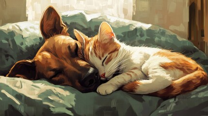 A duo of pets, a dog and a cat, snuggled together on a large bed, embodying friendship and tranquility as they sleep side by side in a peaceful home environment.