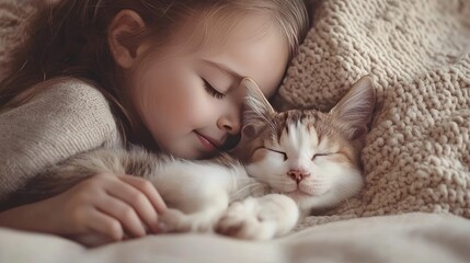 A heartwarming image of a child gently cuddling their sleeping pet, capturing the bond and trust between them while showcasing the tranquility of a pet's sleep.