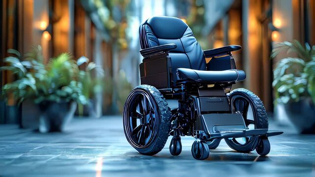 A sleek black electric wheelchair with thick tires sits in a well-lit modern hallway, emphasizing mobility, comfort, and technology