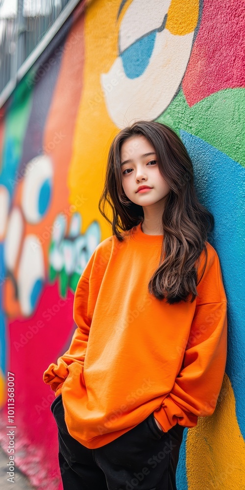 Wall mural woman in stylish orange sweater poses against vibrant street art wall.