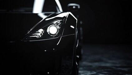 A black car with headlights, close-up, against a black background
