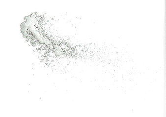 Snow dust element falling over dark night. Fluffy White snow splash flying or throwing in mid air. Snowfall on Black background isolated