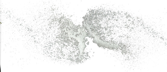Snow dust element falling over dark night. Fluffy White snow splash flying or throwing in mid air. Snowfall on Black background isolated