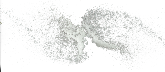 Snow dust element falling over dark night. Fluffy White snow splash flying or throwing in mid air. Snowfall on Black background isolated