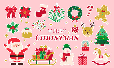 Merry Christmas is written on the image. A variety of Christmas decorations, including a Santa Claus, a reindeer, a wreath, and a gingerbread man. There are also several presents and a Christmas tree