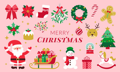 Merry Christmas is the message on this colorful and festive image. A variety of Christmas decorations, including a Santa Claus, a reindeer, a Christmas tree, and a wreath