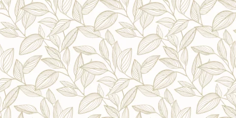 Leaves seamless pattern. Minimal golden vector botanical ornament, floral texture with linear foliage silhouettes, branches. Simple elegant leaf background. Luxury gold and white repeated design