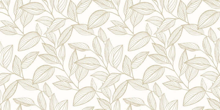 Leaves seamless pattern. Minimal golden vector botanical ornament, floral texture with linear foliage silhouettes, branches. Simple elegant leaf background. Luxury gold and white repeated design